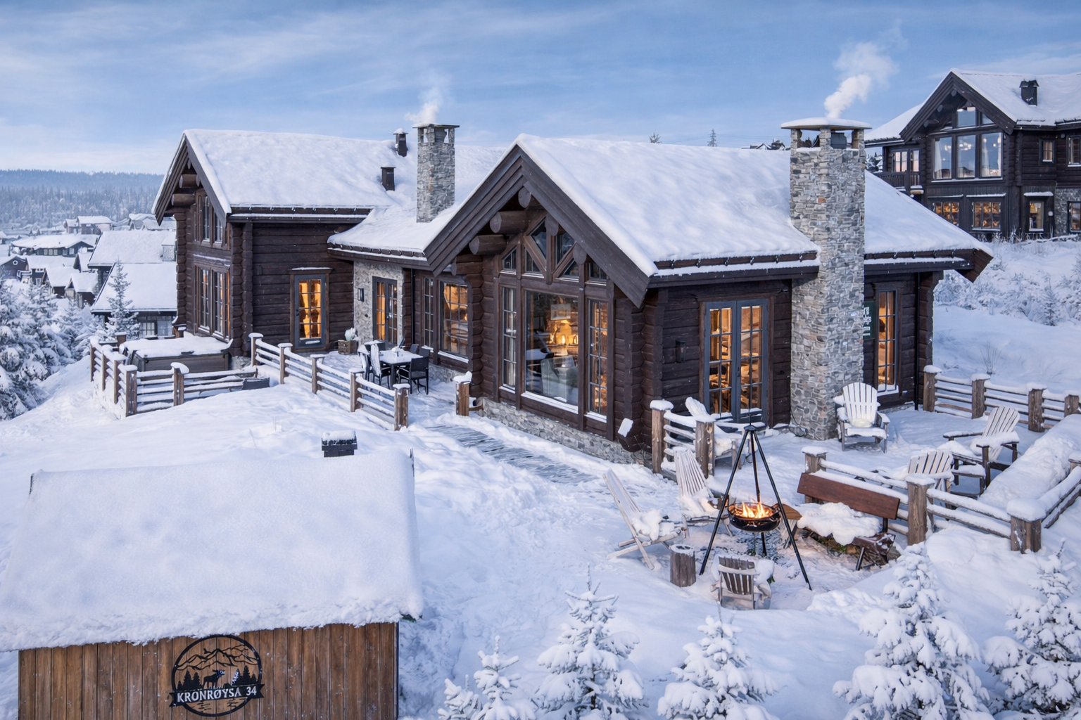 Fra stuen er det direkte utgang til en solrik terrasse på 27 m² og videre ut til bålpanne plassen. (AI generert vinter)