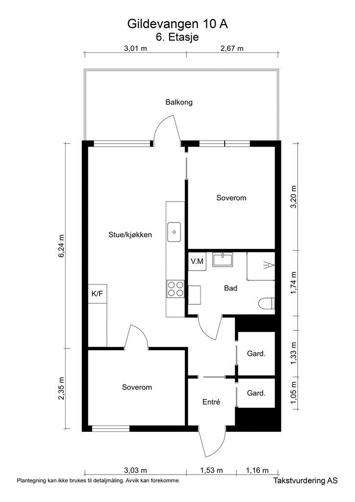 Målsatt planskisse - Gildevangen 10 A - 6. etasje 
