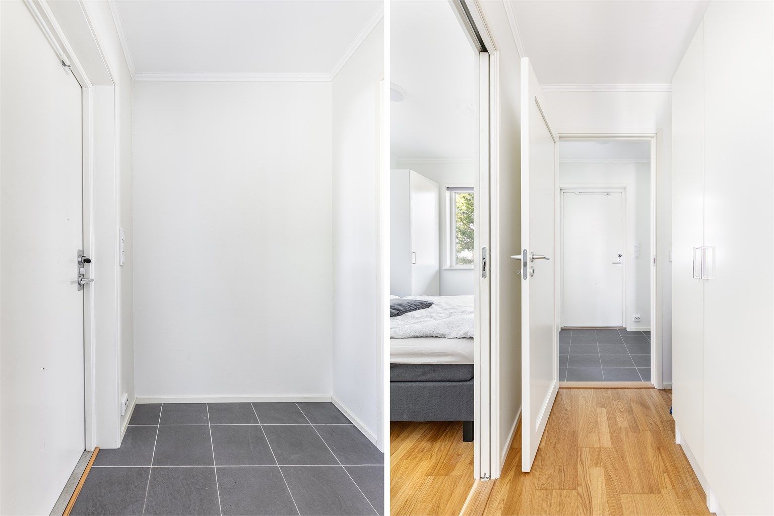 To plassbesparende skyvedører gir tilgang til hver sin side av dobbeltsengen; én fra gangen, én fra entreen.