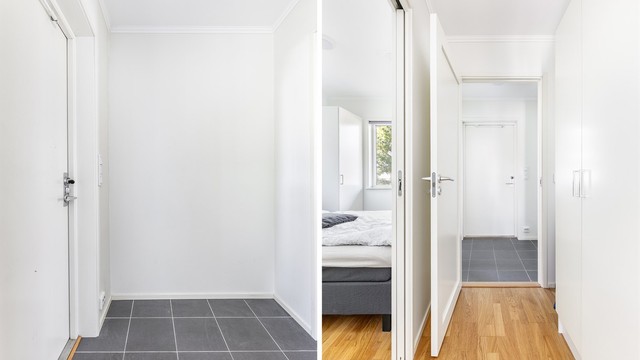 To plassbesparende skyvedører gir tilgang til hver sin side av dobbeltsengen; én fra gangen, én fra entreen.