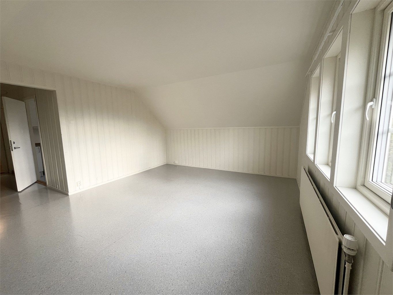 Stor stue med plass til både sofa- og spisegruppe.