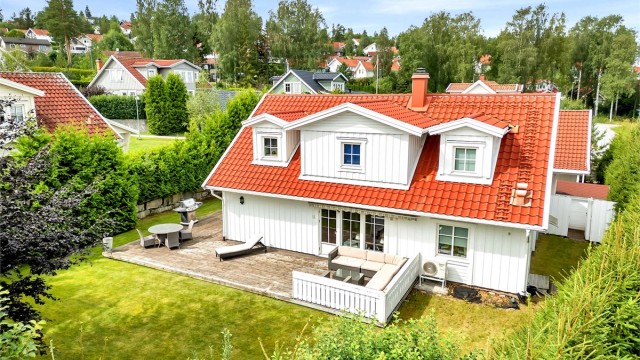 Velholdt uteområde med solrik terrasse, plen og skjermede soner rundt boligen.