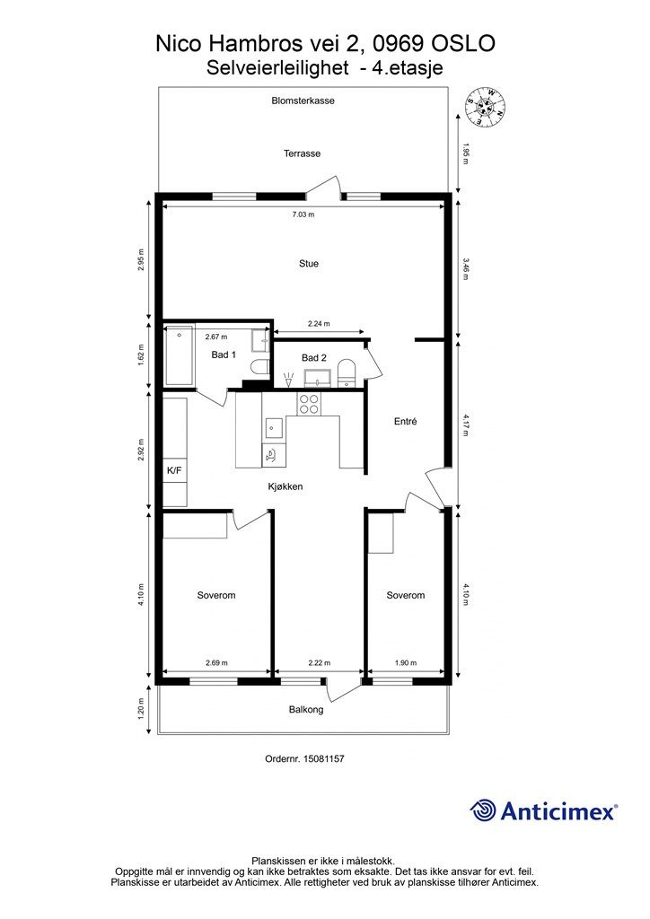 Leiligheten har en arealeffektiv planløsning med to soverom, to bad og en praktisk bod på 8 m² i samme etasje.