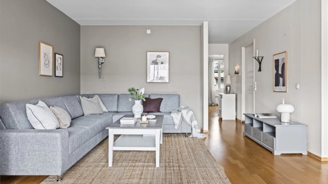 God plass til stor sittegruppe, med tilhørende møblement.