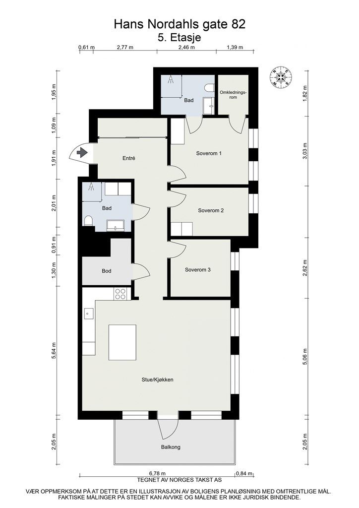 Planløsningen består av entré, tre soverom, to bad, stue/kjøkken i åpen løsning i tillegg til en solrik balkong på 11 kvm.