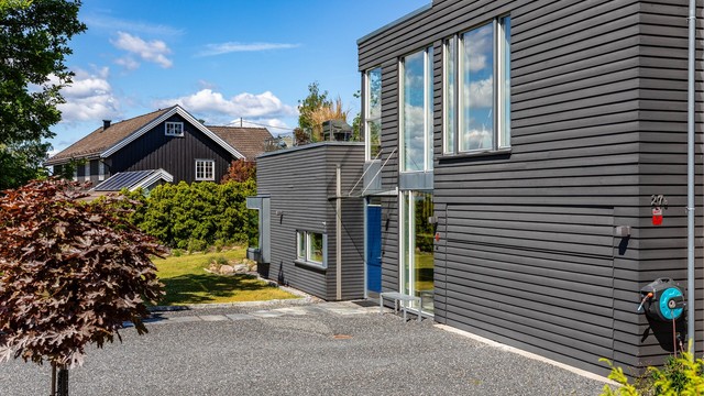 Garasjeporten er en industriport kamuflert i samme kledning som ytterveggene. Huset har sensorstyrte utelamper designet av arkitekten.