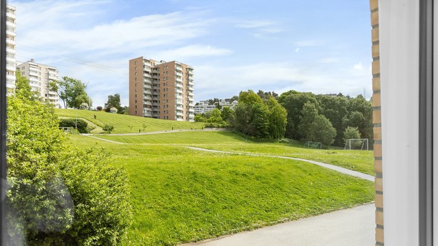 Fra leiligheten er det utsyn mot store, grønne fellesarealer som gir en luftig og åpen følelse.