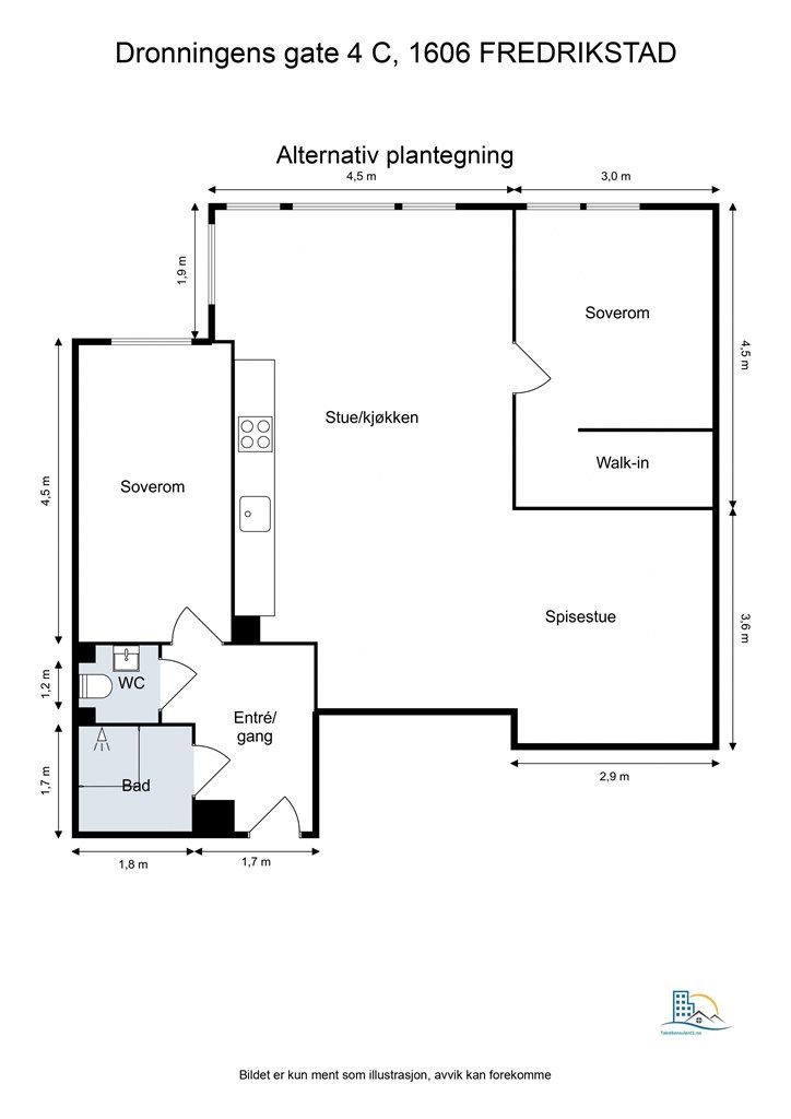 Alternativ planløsning - 2 soverom