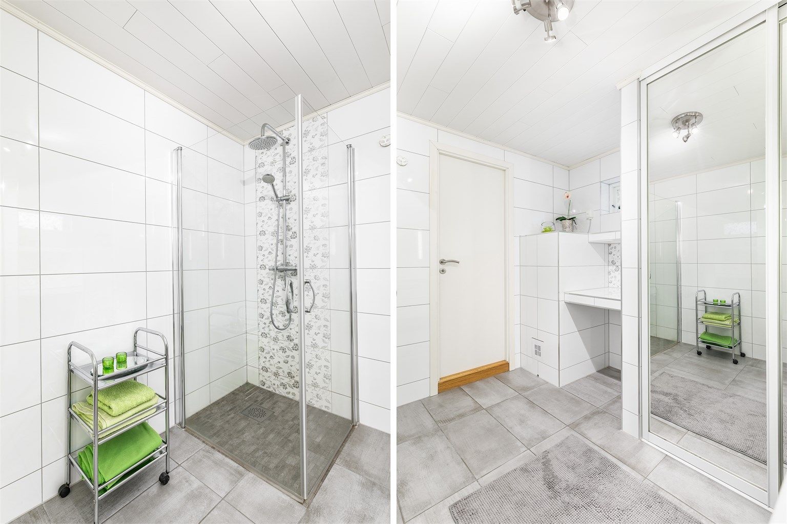 Vaskemaskin har dedikert plass i en stedsbygget nisje, skjult bak skyvedører og samtidig lett tilgjengelig.