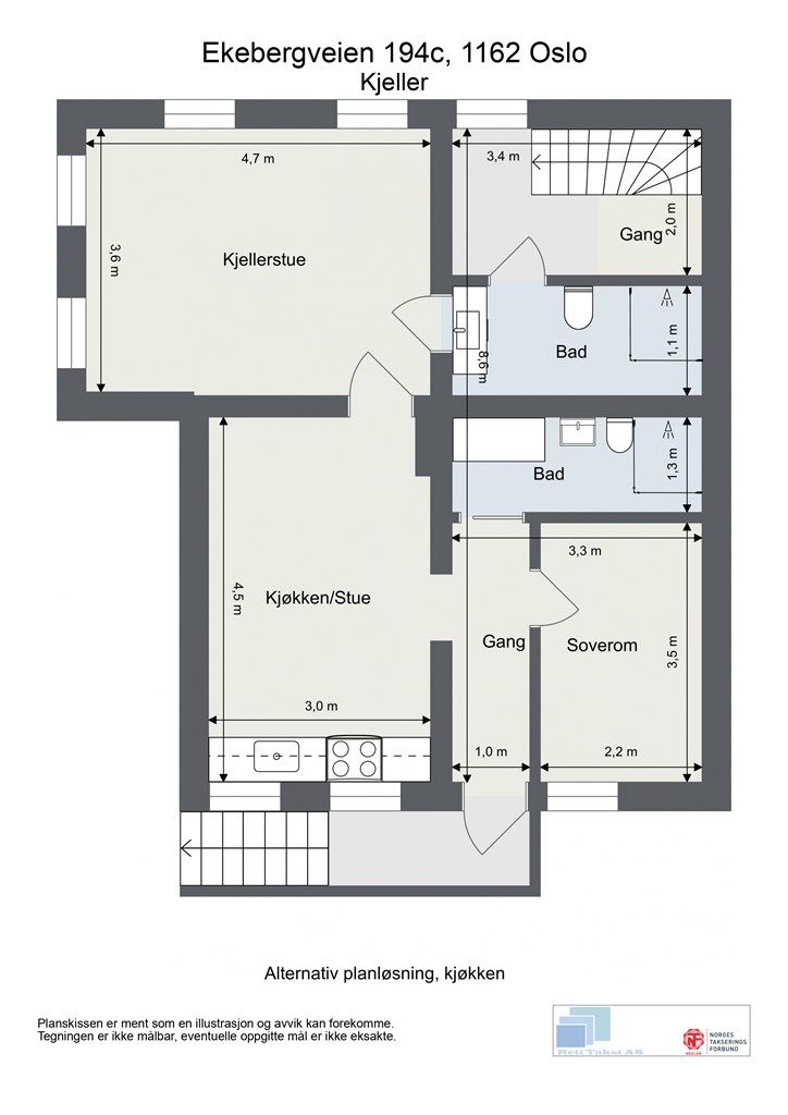 Illustrasjon av alternativ planløsning for kjelleretasjen. (Illustrasjon)