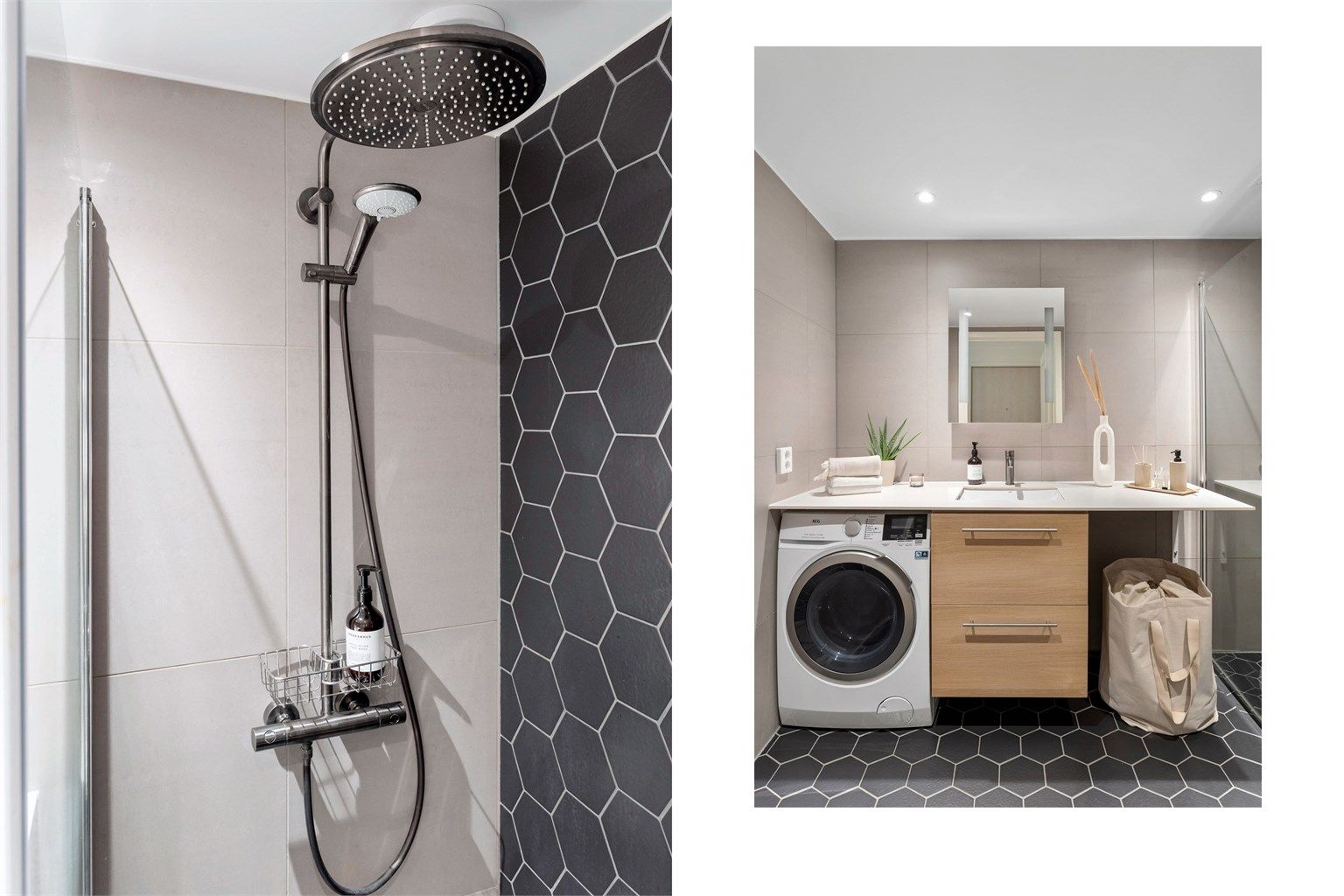 Badet er praktisk innredet med opplegg for vaskemaskin og god oppbevaringsplass i servantinnredningen.