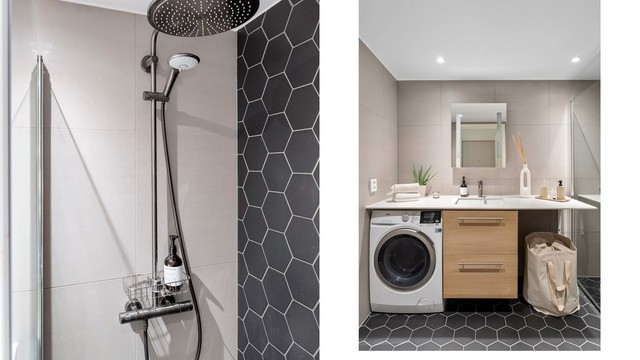 Badet er praktisk innredet med opplegg for vaskemaskin og god oppbevaringsplass i servantinnredningen.