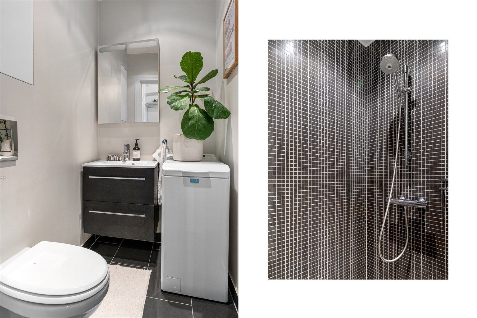 Rommet er utstyrt med vegghengt klosett, dusjhjørne og opplegg for vaskemaskin.