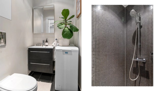 Rommet er utstyrt med vegghengt klosett, dusjhjørne og opplegg for vaskemaskin.