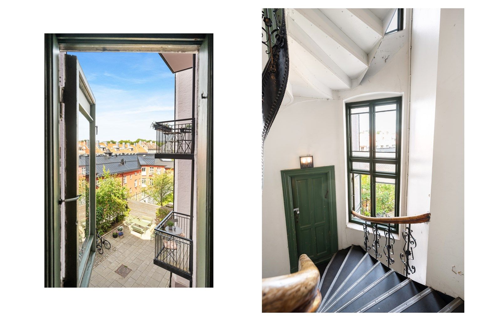 Vakre detaljer fra bygården og utsyn mot den rolige bakgården understreker boligens historiske karakter.