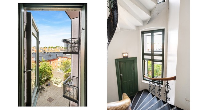 Vakre detaljer fra bygården og utsyn mot den rolige bakgården understreker boligens historiske karakter.