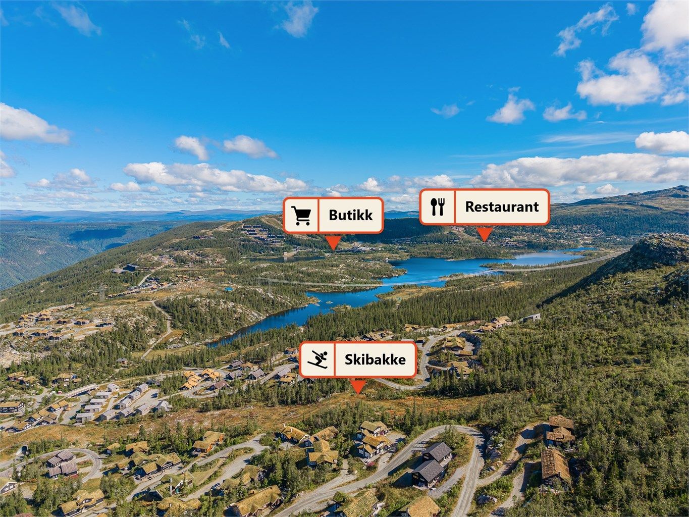 Kort avstand til skisenter, butikk og spisesteder som Blikk Fjellbrasserie og Den Lykkelige Sportsmann.