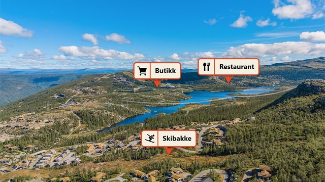 Kort avstand til skisenter, butikk og spisesteder som Blikk Fjellbrasserie og Den Lykkelige Sportsmann.