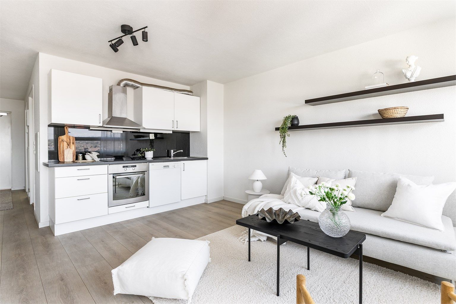 Romløsningen er meget effektiv, stuen og kjøkkenet samlet i åpen løsning.