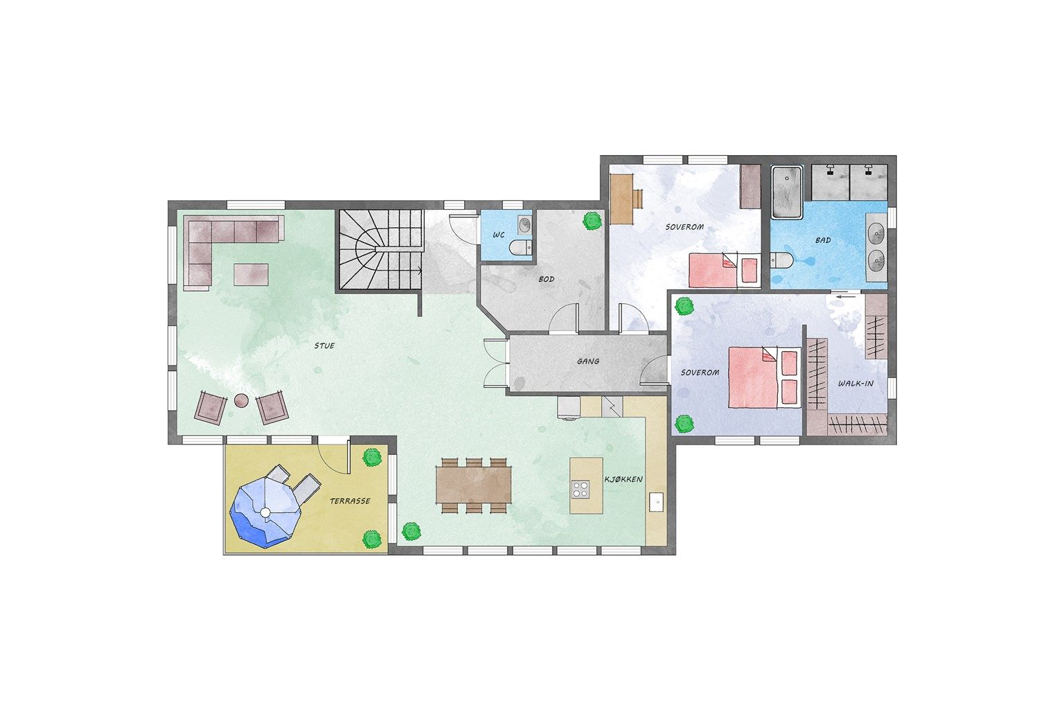 Planskisse av hoveddel av boligens 2 etasje. Store rom. 2 Etg: Stue 35,7m², Kjøkken 29,4m², Gang 14,2m², Toalettrom 2m², Gang 6,6m², Bod 8,6m², Soverom 13,8m², Soverom 15,9m², Walk-in 8,8m², bad/wc 10,8 m².