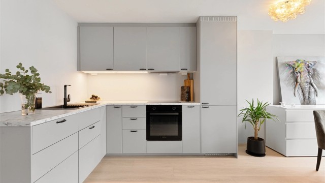 Helt ny kjøkkeninnredning fra 2024 med integrert stekeovn, platetopp, oppvaskmaskin og kjøleskap med fryser.