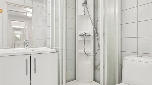 Badet har gulvstående toalett og dusjkabinett