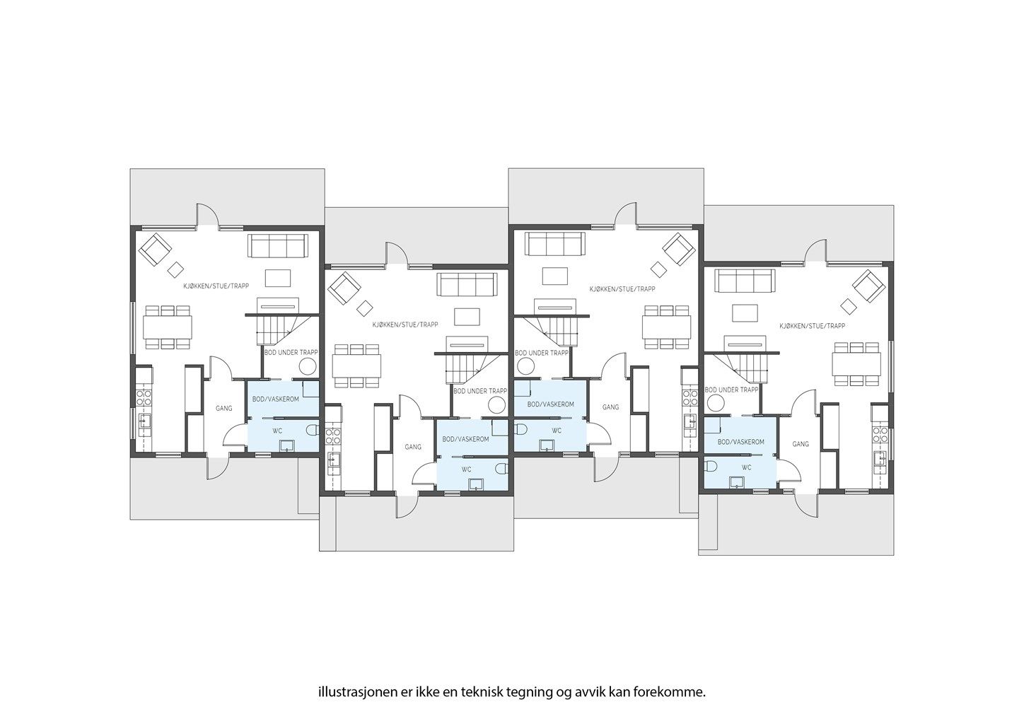 Plantegning 1. etasje - det er lik løsning for boligen i 3-mannsbolig.