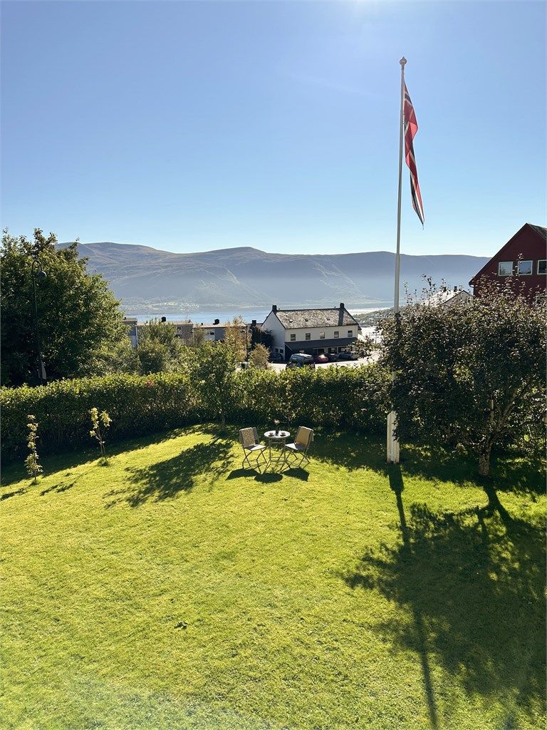 Bilde av hagen tatt fra terrassen sommerstid av selger