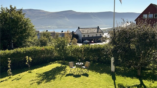 Bilde av hagen tatt fra terrassen sommerstid av selger