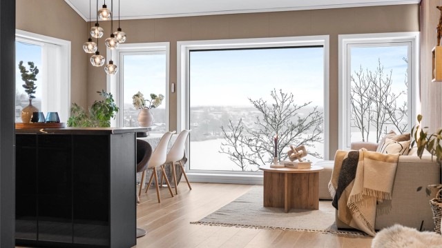 Store vindusflater med utsikt fra stuen.