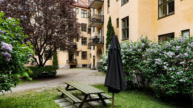 Felles bakgård er opparbeidet med gruslagte internveier, sittegruppe, plenarealer og diverse beplantning.