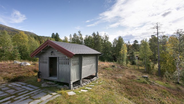 Frittstående anneks oppført i tømmer med tilhørende vedbod.