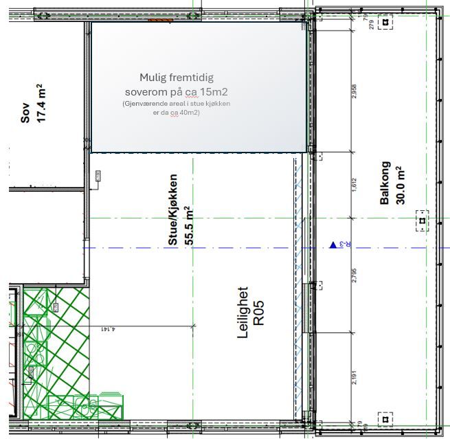 Stuen er romslig og kan avdeles for å etablere et tredje soverom - se vedlagt plantegning for et evt. soverom på ca. 15 kvm