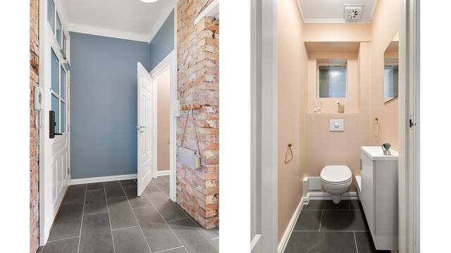Leiligheten har et separat toalettrom med gulvvarme, i tillegg til hovedbadet.