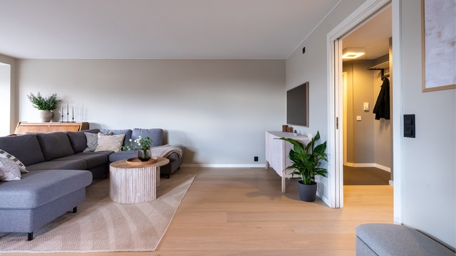 Det er god plass til stor sofaseksjon, stoler, bord og tilhørende mediemøblement.