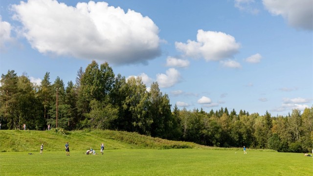 Hundejordet ved Brekke er populær akebakke om vinteren og har store områder for lek og ballspill på sommerstid