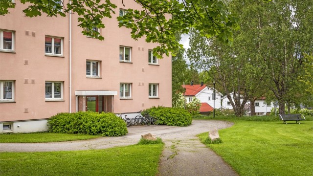Inngangsparti med en praktisk sykkelparkering på utsiden.