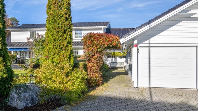 Innkjørsel og gangsti til boligen med etablerte tujaer og prydbusker.