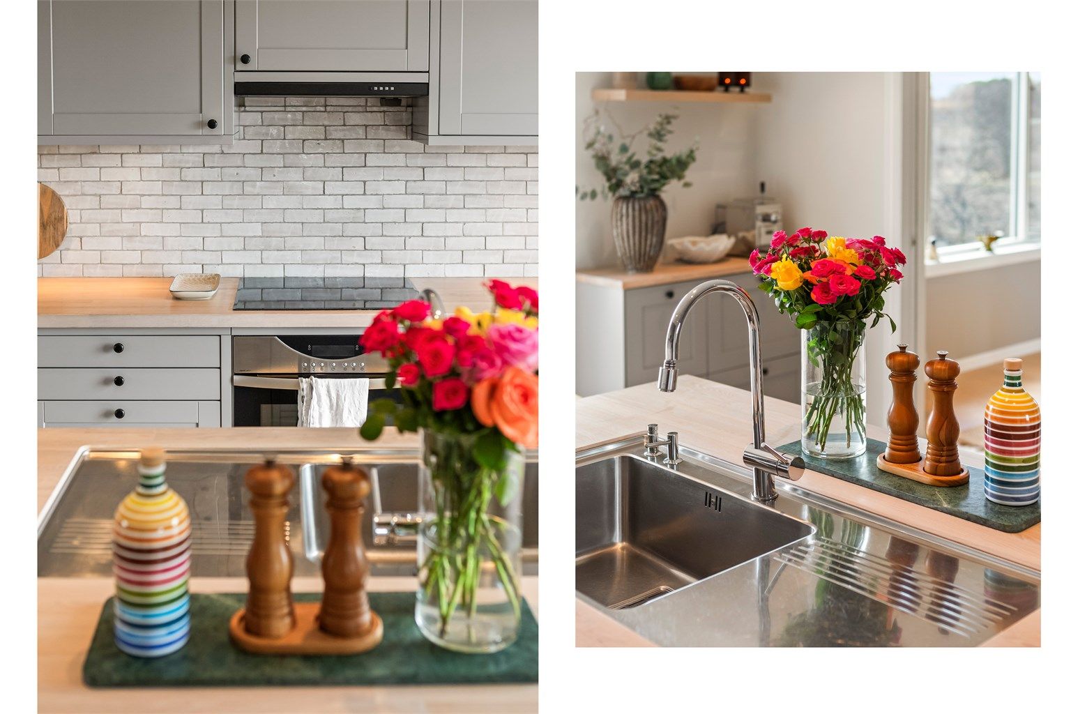 Kjøkkenet er utstyrt med induksjonstopp. Mosaikkfliser mellom benk og overskap.