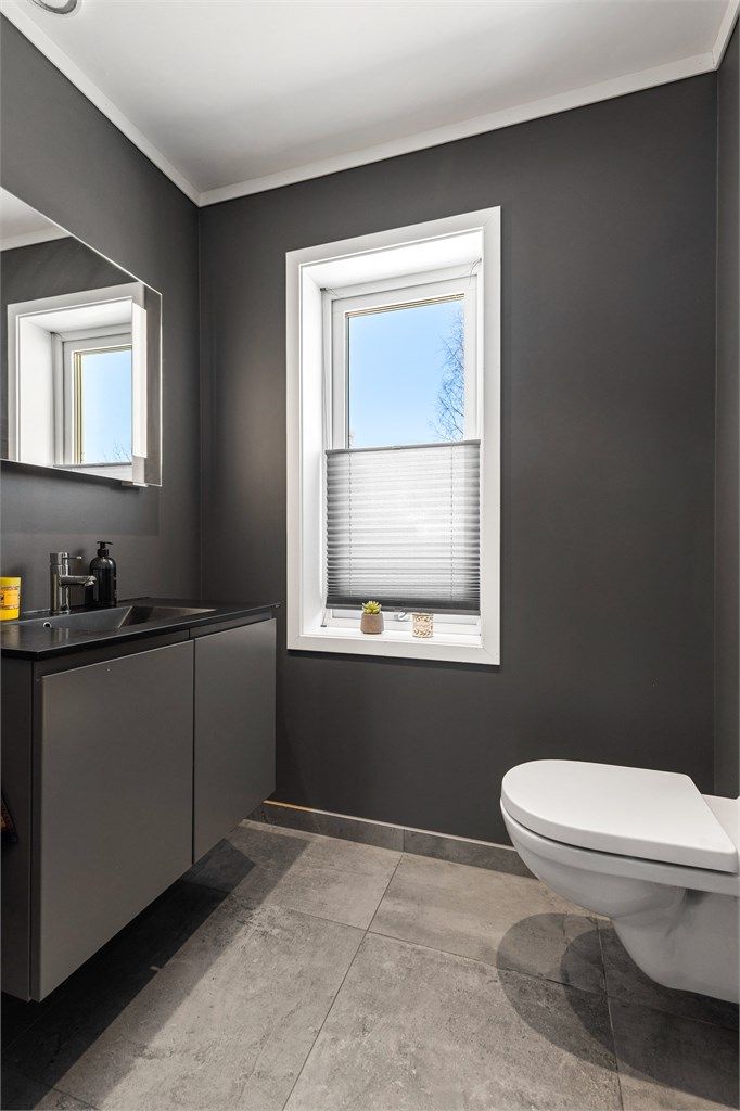 Toalettrom med fliser på gulv med gulvvarme. Malte veggflater. Nedsenket himling med downlights. Vegghengt servantinnredning. Ovenpåliggende servant med armatur. Vegghengt toalett.