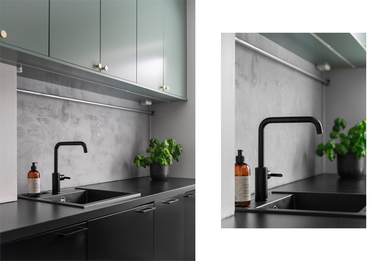 Benkeplaten har en nedfelt vask som bidrar til et stilrent uttrykk.