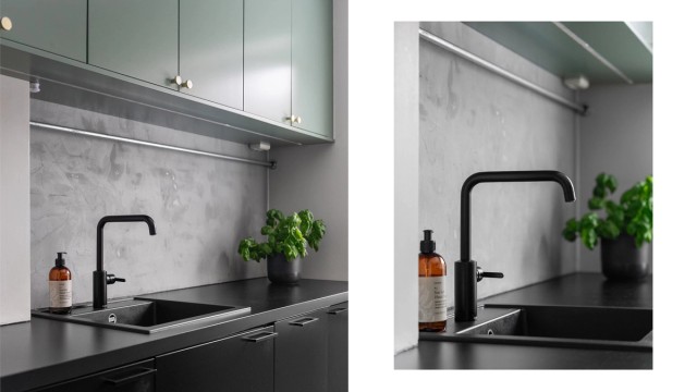 Benkeplaten har en nedfelt vask som bidrar til et stilrent uttrykk.