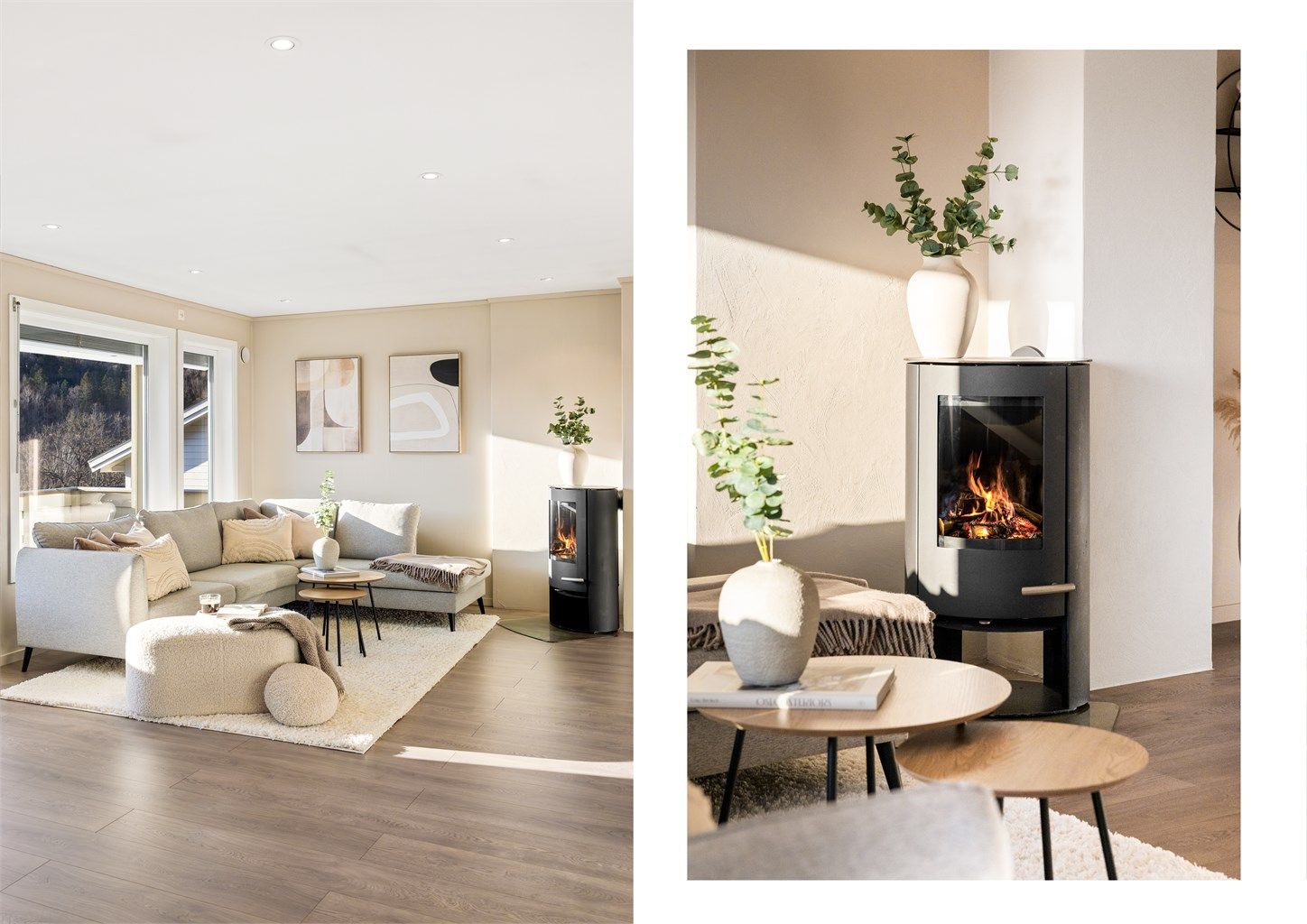 Høstkvelden kan nytes foran peisen. Det er også montert varmepumpe i stuen.