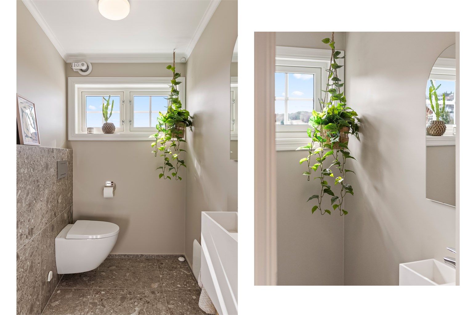 Praktisk toalettrom i første etasje, oppgradert i 2020 med fliser og vegghengt toalett.