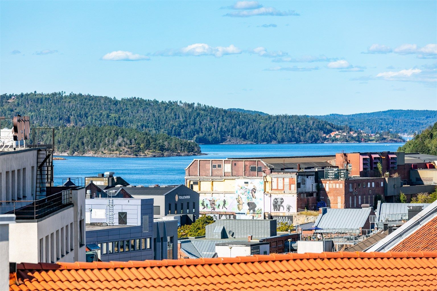 På takaltanen sees panoramautsikt over byen som blant annet inkluderer Mossesundet.