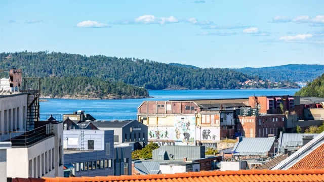 På takaltanen sees panoramautsikt over byen som blant annet inkluderer Mossesundet.