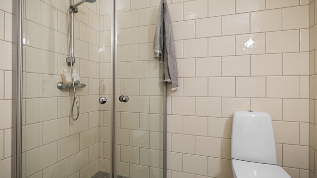Dusjhjørne med innfellbare dører i glass og dusjsett