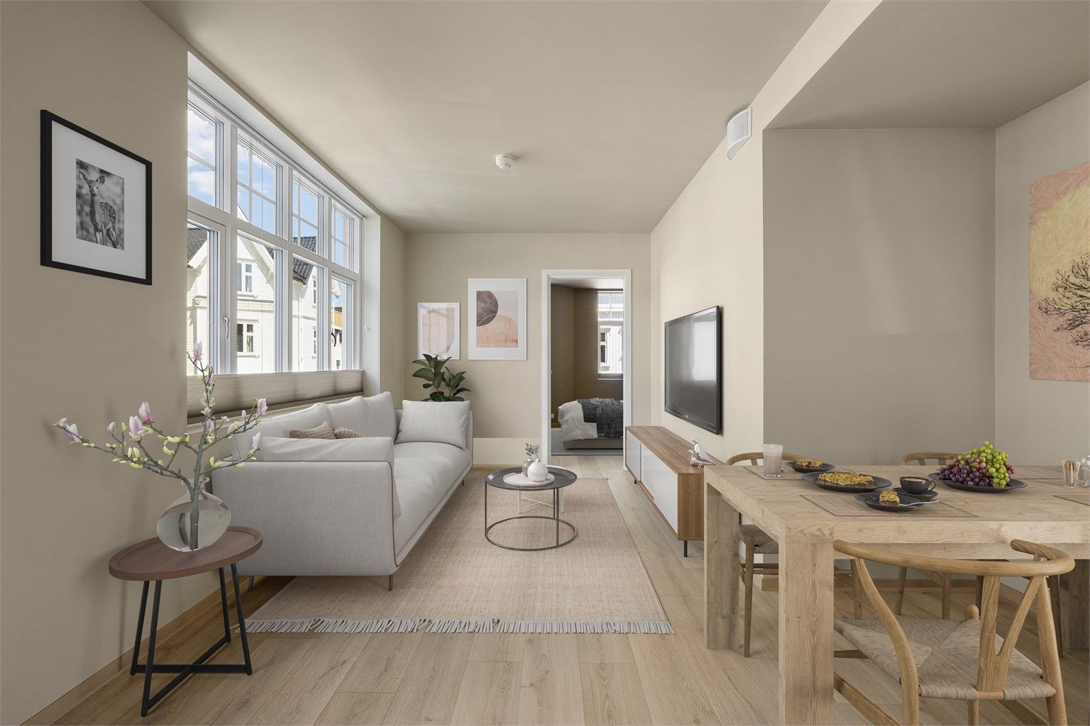 Gulvene er av slitesterk laminat av typen Pergo Lillehammer Pure Oak. Vegger og himlinger er utført listefritt og helmalt i samme kulør.