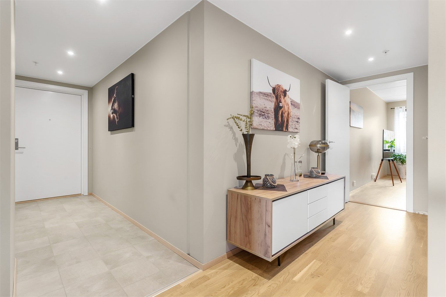 Fra éntren kommer man til en gang som fører deg videre inn i boligen.