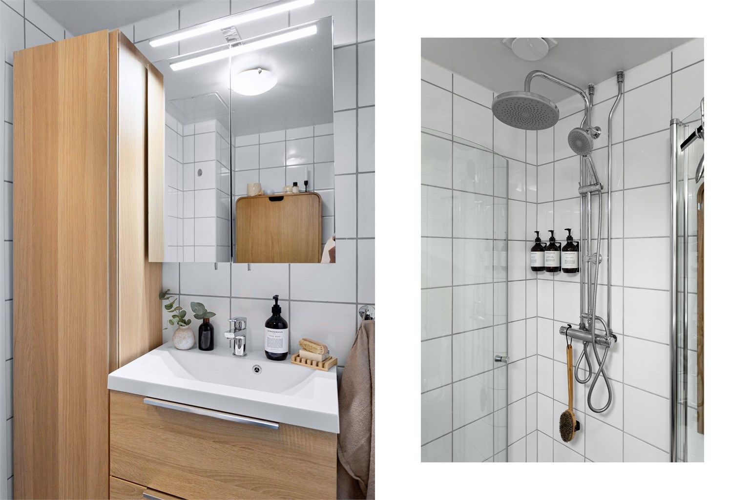 Rommet er innredet med servant med underskap, speilskap med belysning, klosett og dusjhjørne med svingbare glassdører.